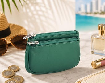 Monedero de piel con doble cremallera, iniciales personalizadas, dos compartimentos con cremallera, regalo para ella, cumpleaños, vacaciones, verano.