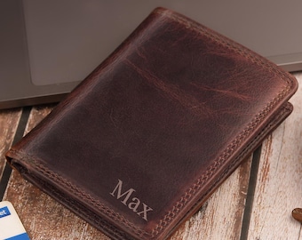 Personalisierte Herren Leder Brieftasche RFID Trifold Brieftasche mit Münztasche Gravierter Name Kartenhalter Geburtstagsgeschenk für Ihn
