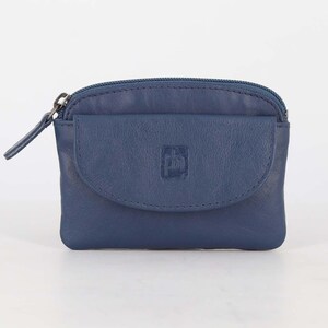 May include: A navy blue leather coin purse featuring a top zipper closure and a front flap pocket with a snap button. The front flap is embossed with a small square logo containing the letters ph. The purse has a smooth texture and rounded corners.