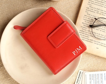 Cartera de cuero personalizada con tres pliegues y RFID para mujer, monedero con cremallera