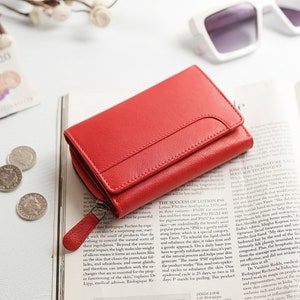 Monedero de cuero para mujer, monedero pequeño de cuero, billetera de cuero triple para dama, tarjetero, billetera RFID, idea de regalo para ella