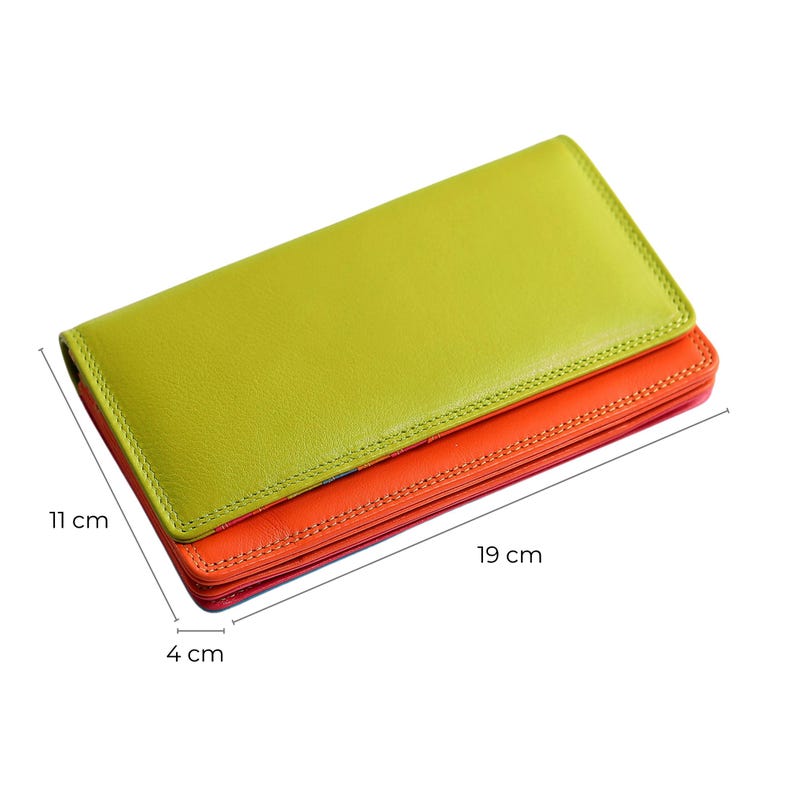 May include: A colorful leather wallet, measuring 7.5 inches long, 4.3 inches wide, and 1.6 inches thick. The wallet features a lime green top, an orange middle section, and a red base. The edges are neatly stitched.