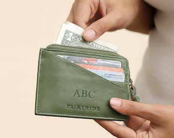 Green Leather Wallet For Women Personalised RFID Card Holder Slim Zipper Wallet With Initials Small Leather Purse Gift For Her Daughter