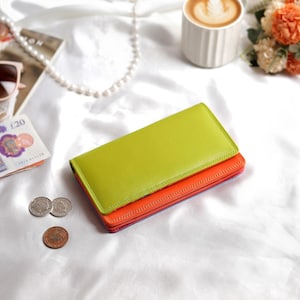 Damplånbok i läder med RFID-skydd, kreditkortshållare med dragkedja, myntficka