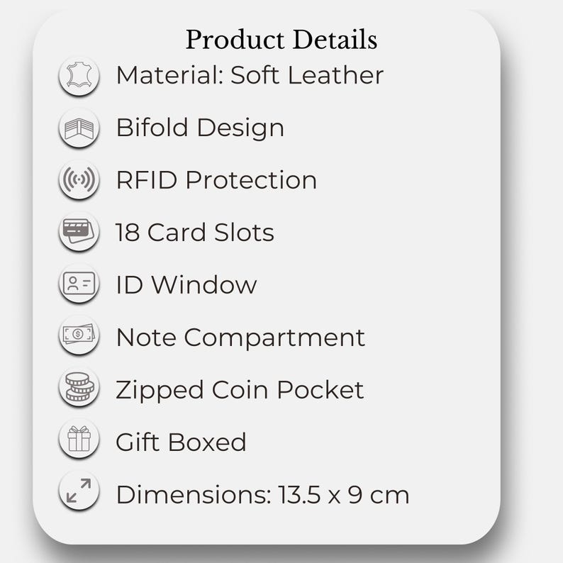 May include: Product details for a soft leather wallet. Features include a bifold design, RFID protection, 18 card slots, an ID window, a note compartment, and a zipped coin pocket. The wallet is gift boxed and measures 13.5 x 9 cm.