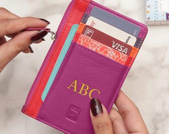 Tarjetero de piel personalizado para mujer, monedero delgado con cremallera, cartera pequeña, regalo para ella (Reino Unido)