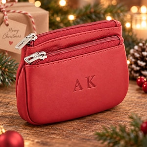 Personalised Leather Double Zip Coin Purse Small Two Compartment Wallet Blind Embossed Initials Real Leather Change Purse Gift for Her