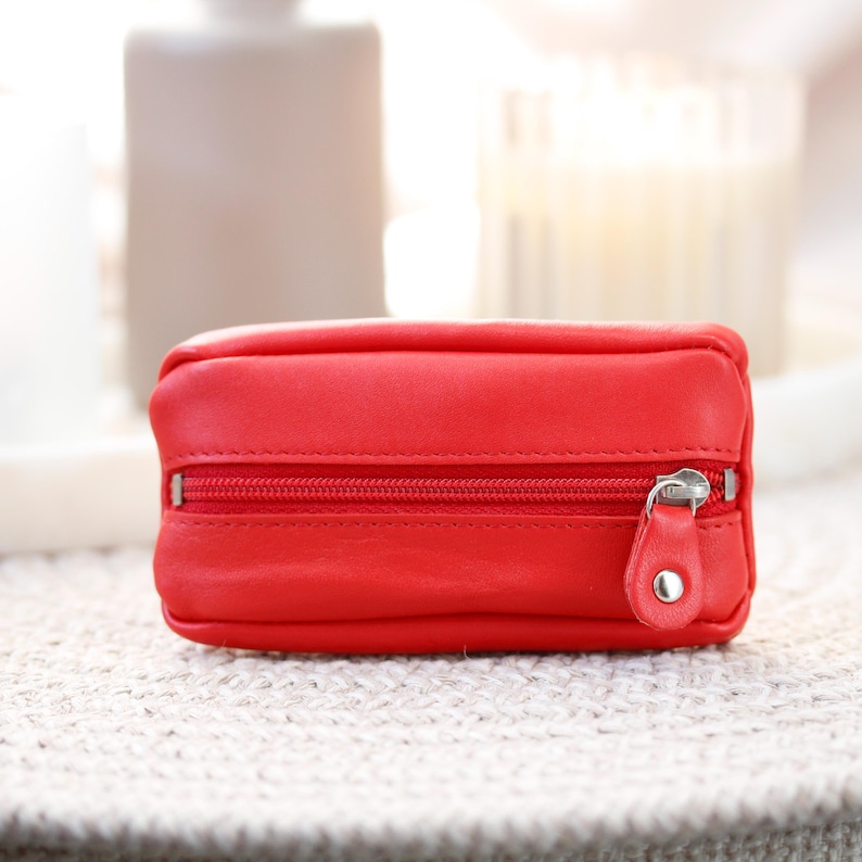 Leather Key Pouch Small Zipper Key Wallet Coin Pouch Keyring Key Holder 7 Colours Gift For Her Him Holiday Birthday Red