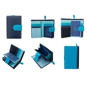 May include: A bi-fold wallet in navy blue and bright turquoise featuring a snap closure, multiple interior card slots with a gradient blue design, a clear ID window, and a zippered coin compartment with a matching turquoise zipper pull.