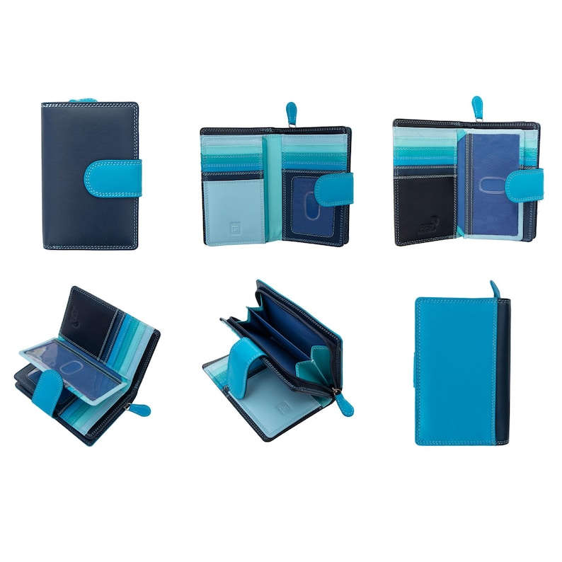 May include: A bi-fold wallet in navy blue and bright turquoise featuring a snap closure, multiple interior card slots with a gradient blue design, a clear ID window, and a zippered coin compartment with a matching turquoise zipper pull.
