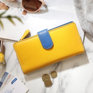 Gelbe Geldbörse für Frauen Leder Brieftasche Bunte Damen Brieftasche RFID-Kartenhalter Geldbörse Mehrfarbige Leder Geschenkidee für Frauen große Geldbörse