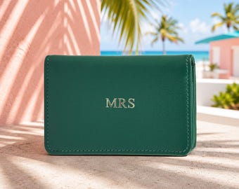 Tarjetero de piel auténtica para mujer, cartera RFID con iniciales personalizadas, monedero compacto plegable, regalo para ella.