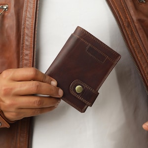 Cartera minimalista de cuero RFID para hombre, tarjetero y monedero, billetera plegable de cuero, regalo de aniversario para su esposo.