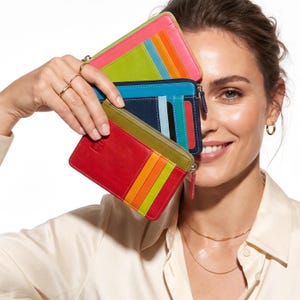 Monedero de piel personalizado para mujer, monedero delgado con cremallera, tarjetero pequeño, regalo para ella en el Reino Unido.