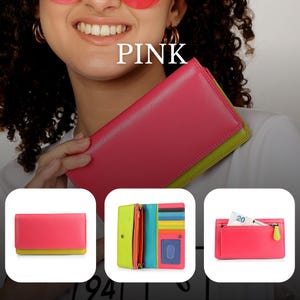May include: A pink leather wallet with a lime green accent. The word "PINK" is displayed in white text. The wallet is shown closed and open, revealing multiple compartments for cards and cash.