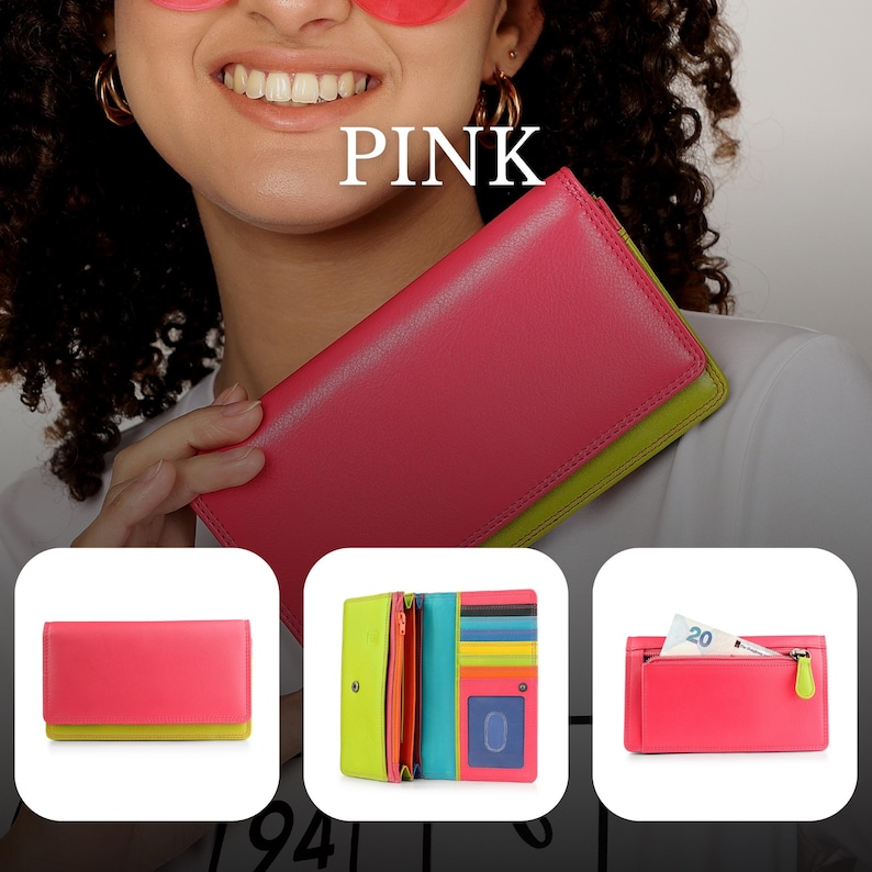May include: A pink leather wallet with a lime green accent. The word "PINK" is displayed in white text. The wallet is shown closed and open, revealing multiple compartments for cards and cash.