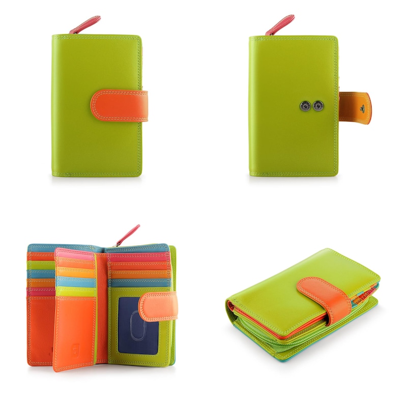 May include: A lime green leather wallet featuring an orange snap-button closure, a pink zipper pull, and a multi-colored interior with card slots, a clear ID window, and a bill compartment. The wallet is shown from multiple angles including closed and open.