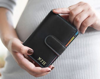 Cartera de piel colorida para mujer, monedero plegable con protección RFID y bolsillo con cremallera, regalo para ella (Reino Unido)