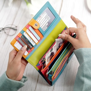 Portemonnee voor dames Grote portemonnee Dames 3e jubileumcadeau Lederen RFID-kaarthouder Clutch Portemonnee voor haar Portemonnee met rits Kleurrijke portemonnee