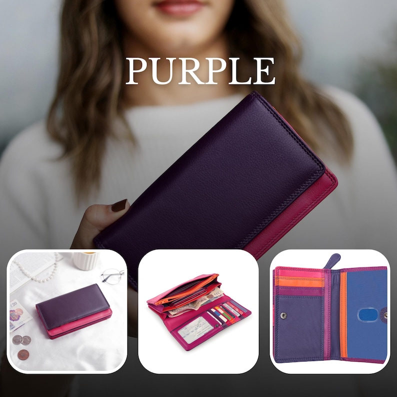 May include: A purple leather wallet with a magenta accent. The word "PURPLE" is displayed in white text. Additional images show the wallet's interior with card slots and compartments.