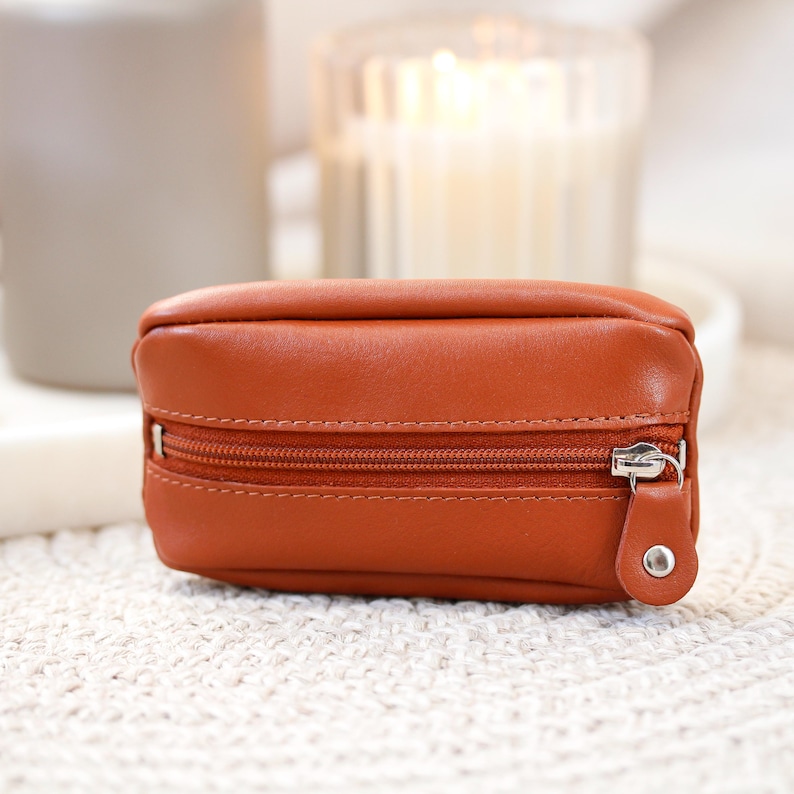 Leather Key Pouch Small Zipper Key Wallet Coin Pouch Keyring Key Holder 7 Colours Gift For Her Him Holiday Birthday Tan