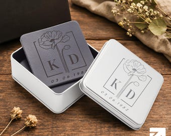 Juego de posavasos de cuero personalizados, grabados a medida, regalo de boda, tercer aniversario, cuero de plena flor, nombres de la pareja, fecha.