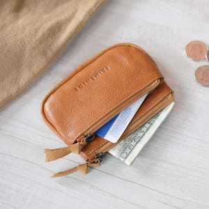 Mini Leder Münzbeutel mit Schlüsselring - Handgefertigte kompakte Reißverschlusstasche