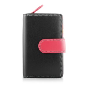 May include: A black leather wallet featuring a vibrant pink snap-button closure strap and a matching pink zipper pull. The wallet is constructed with visible white stitching along the edges and displays a multi-colored patterned interior lining.