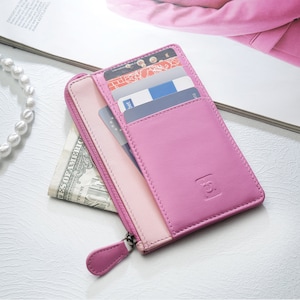 Slanke kaartportemonnee voor vrouwen Portemonnee met rits voor portemonnee voor vrouwen RFID-creditcardhouder Pocket Portemonnee voor haar Klein leren cadeau-idee voor meisjes