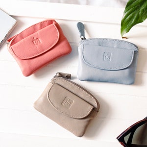 Petite pochette en cuir pour femme avec porte-clés Mini sac à main en cuir souple pour femme Pochette zippée Petite idée cadeau pour maman