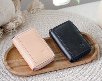 Cartera pequeña con cremallera para mujer, tarjetero de piel suave con RFID, minimonedero de viaje, acordeón, regalo para mamá.