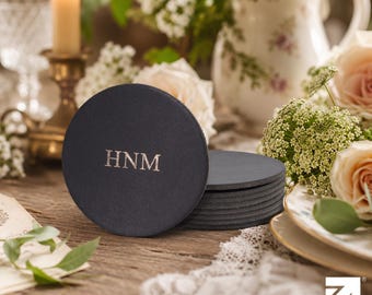 Posavasos de cuero personalizado, negro, recuerdo de boda, iniciales grabadas, dorado, plateado, redondo, regalo, decoración de mesa, aniversario