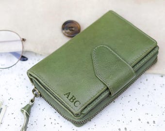 Cartera de piel personalizada para mujer, monedero con cremallera y monograma, tarjetero con inicial personalizada, piel verde oliva, regalo para ella.