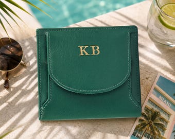 Monedero de piel para mujer, cartera plegable, personalizable en 5 colores, con ranuras para tarjetas y ventana para identificación. Regalo ideal para su cumpleaños.