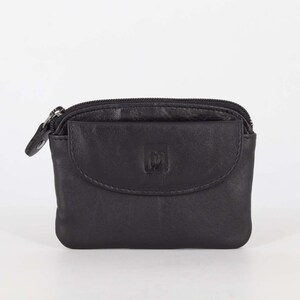 May include: A small black leather coin purse featuring a top zipper closure and a front pocket with a flap. The front of the purse displays a small embossed square logo. The design is compact with rounded corners and a smooth, matte finish.
