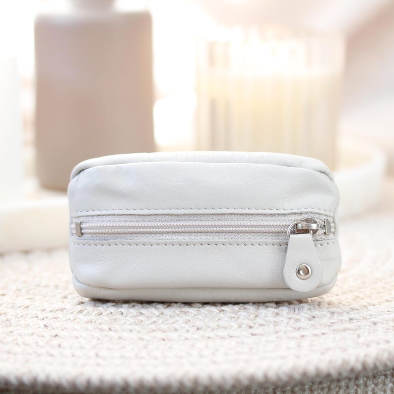 Leather Key Pouch Small Zipper Key Wallet Coin Pouch Keyring Key Holder 7 Colours Gift For Her Him Holiday Birthday Grey
