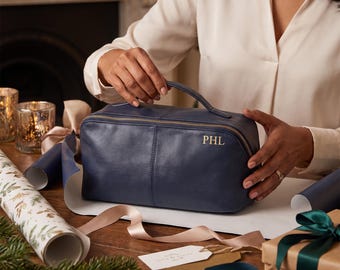 Personalised Large Soft Leather Makeup Washbag Womens Toiletry Bag Cosmetic Travel Organiser Embossed Initials Gift For Her