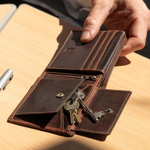 Cartera de cuero marrón para hombre Cartera con bolsillo con cremallera Tarjetero Cartera RFID Cartera clásica de cuero genuino Idea de regalo pequeña de cuero para él