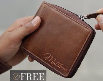 Personalised Zip Around Wallet For Men RFID Leather Wallet Engraved Initials Card Holder Gift For Him