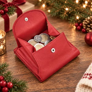 May include: A red leather coin purse with a snap button closure, shown in an open position. The interior of the purse contains several metallic coins of varying sizes. The purse features a smooth texture and a structured, folding design.
