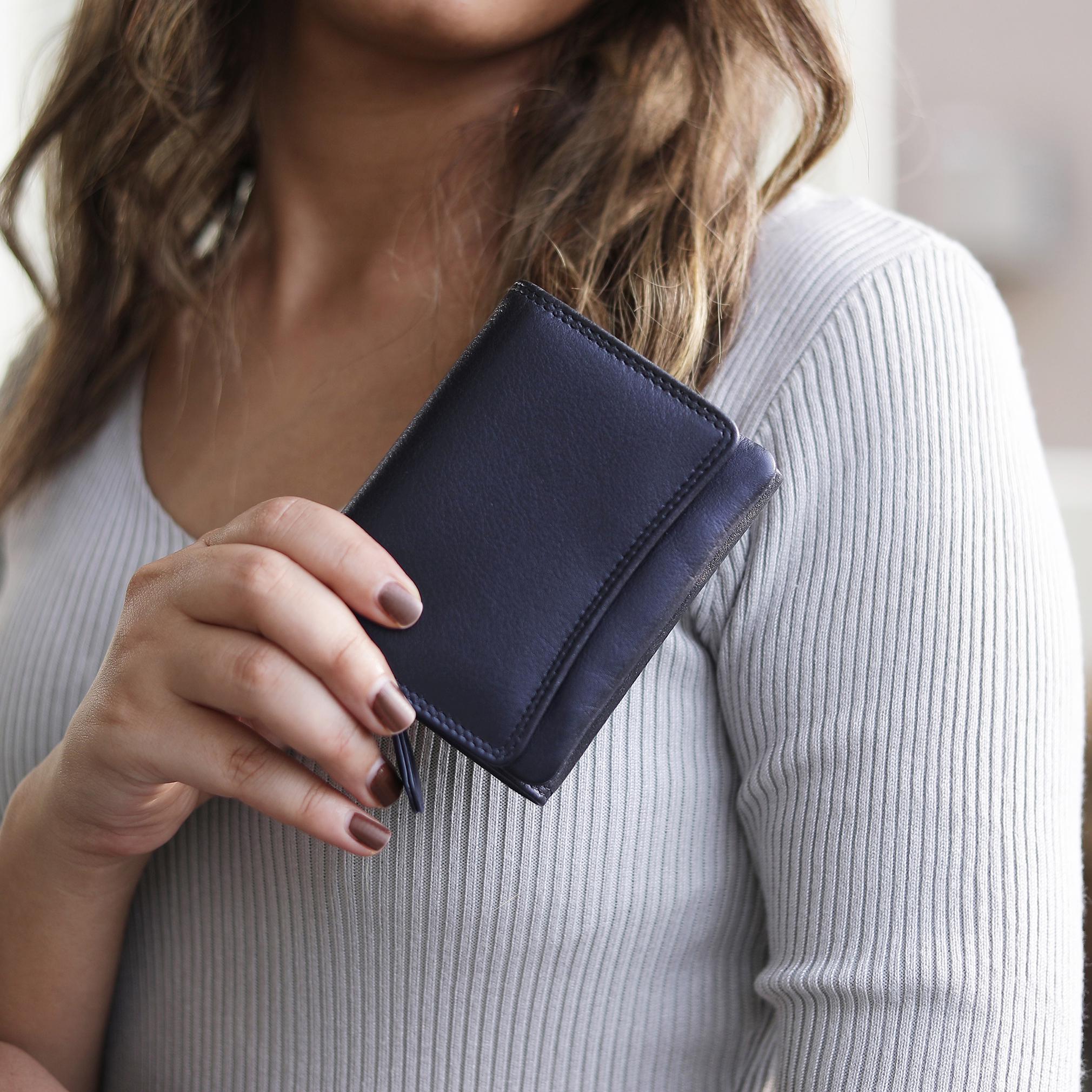 女性財布 RFID ブロッキングレザー小さな二つ折りジッパーポケット財布