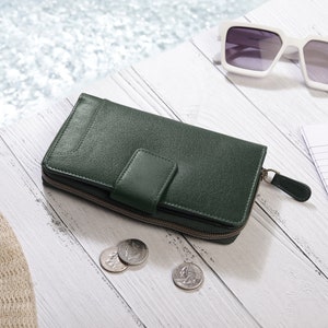 Leren portemonnee-clutch: RFID, portemonnee met rits voor dames