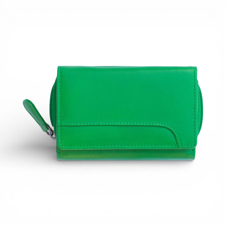 Soft Leather Purse For Women RFID Zip Around Trifold Wallet 8 Card Slots Personalised Initials Gift For Her Birthday Holiday Green