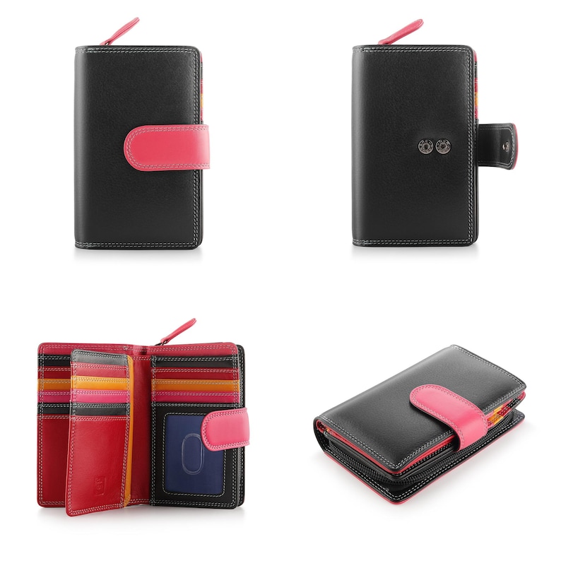 May include: A black bi-fold wallet with a pink snap-button closure and a pink zipper pull. The interior features multiple card slots in red, orange, and pink, a clear ID window, and a zippered compartment. The wallet has visible white stitching.