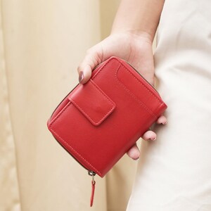 Cartera para mujer, monedero con bolsillo con cremallera, cartera para mujer, tarjetero rojo, pequeño regalo de cuero para madre, monedero de cuero para mujer colorido