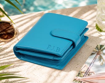 Monedero de piel tríptico mediano con cremallera para mujer, cartera RFID, 13 ranuras para tarjetas, monedero personalizado de piel auténtica, regalo para ella.