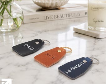 Llavero de piel con panel, inicial personalizada, regalo para él, hecho a mano en el Reino Unido, piel plena flor, regalo para el Día del Padre, accesorios para hombre