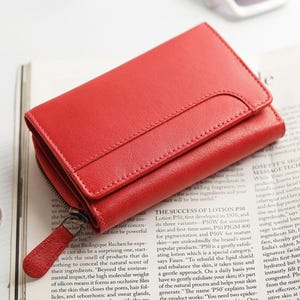 Soft Leather Purse For Women RFID Zip Around Trifold Wallet 8 Card Slots Personalised Initials Gift For Her Birthday Holiday Red