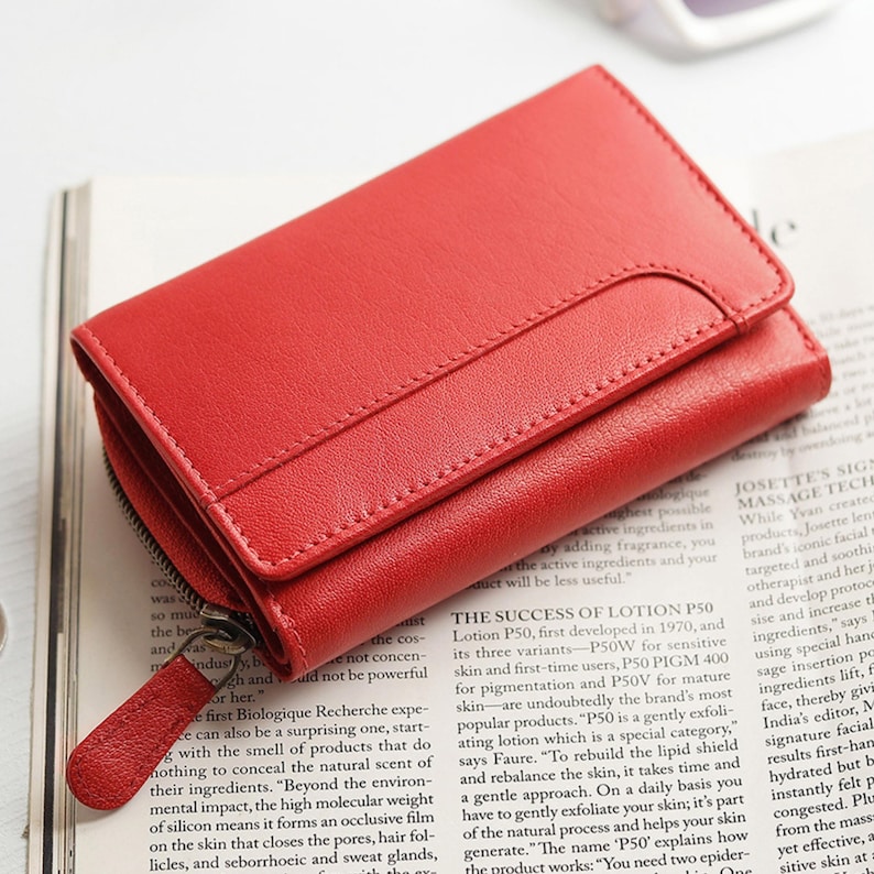 Soft Leather Purse For Women RFID Zip Around Trifold Wallet 8 Card Slots Personalised Initials Gift For Her Birthday Holiday Red