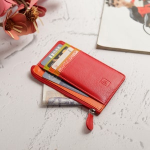 Porte-cartes pour femme Porte-cartes et porte-monnaie Mini-porte-monnaie avec fermeture éclair pour femme Porte-cartes de crédit Porte-monnaie fin pour femme Porte-monnaie en cuir rouge
